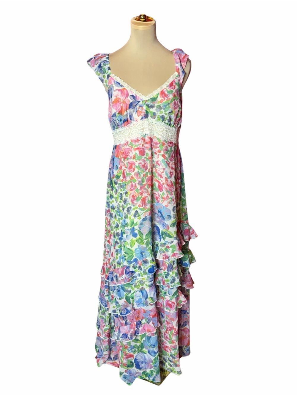Floral Lace-Trim Pastel Multicolor Maxi Dress Size XL